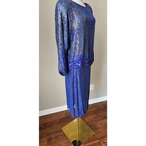 Vintage Women's Fully Sequin Beaded Silk Long‎ Sleeve Top & Skirt Set Large Blue - Picture 2 of 9
